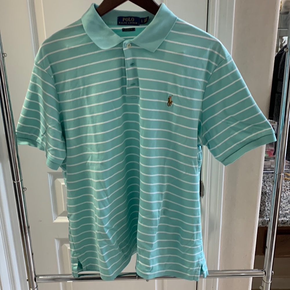 Polo large light green and white striped shirt size L